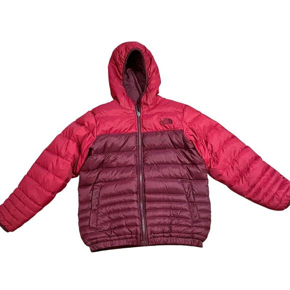 The North Face 550 Boys Goose Down Reversible Hooded Puffer Jacket Size Sml 7/8